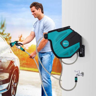 DURHAND Wandschlauchbox Schlauchtrommel 180° schwenkbar mit Multibrause Frostschutz -5–45 °C Kunststoff Grün + Schwarz 15 m