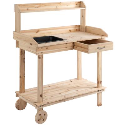 Outsunny® Pflanztisch mit Schublade 2 Stufen Gärtnertisch mit waschbecken& Rollen Holz