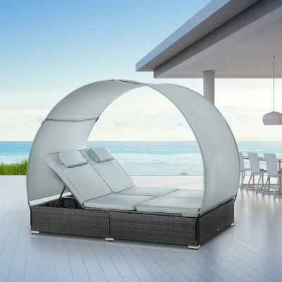 Tweepersoons ligbed van poly-rotan ligstoel voor 2 personen met zonnedak staal