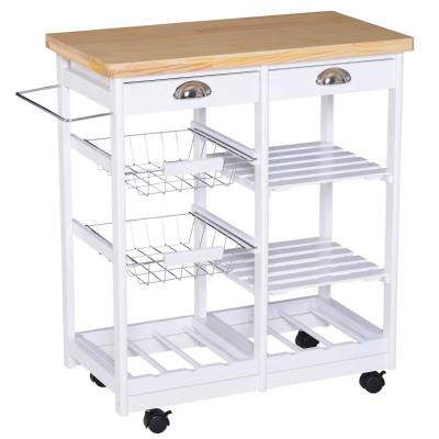 HOMCOM Küchenwagen Küchenrollwagen Servierwagen mit Korb Schublade Weinablage rollbar Holz weiß 74 x 37 x 76 cm