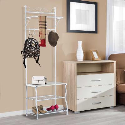 HOMCOM Garderobenständer Kleiderständer Garderobe mit 3 Schuhablagen 5 Haken Flur Stahl Weiß L60 x B35 x H175cm