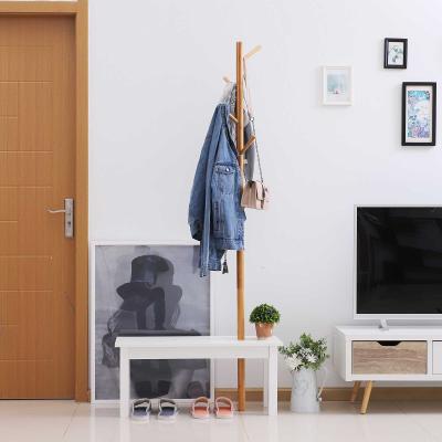 HOMCOM Garderobenständer Kleiderhaken Garderobe mit Sitzbank Baum-Design Zweige 6 Haken Eingangsbereich MDF + Bambus Weiß + Natur 80 x 30 x 180 cm