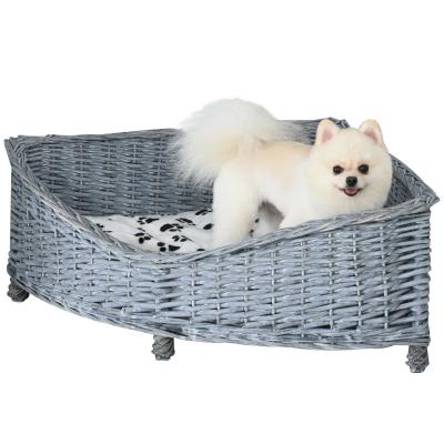 PawHut Hundesofa aus Ratten Haustierbett für kleine Katzen und Hunde Haustiersofa Katzensofa Weichem Bezug Eck Hundebett Hundecouch Weide Plüsch Grau 68 x 68 x 32 cm