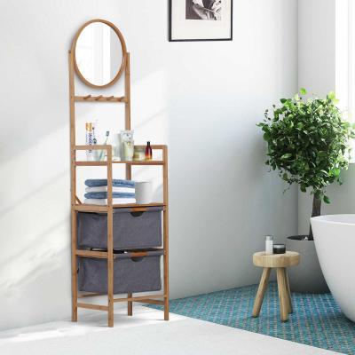 HOMCOM® Badezimmerregal Badregal Spiegel 2 Schubladen Standregal 4 Haken Bambus Natur