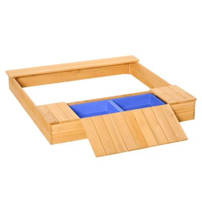 Outsunny Sandkasten Staubdichte Holzsandkasten Sandkasten mit Dach und 2 Aufbewahrungsbox für 3-6 Jahre Sandkasten Sandbox Sitzbänken Sandkiste Holz Sandkastenvlies Natur+Blau 125 x 121 x 17,5 cm