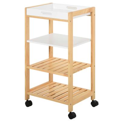 HOMCOM Küchenwagen, Küchenrollwagen, Servierwagen mit Ablage, Abnehmbares Tablett Kiefer Weiß+Natur 40 x 30 x 76 cm