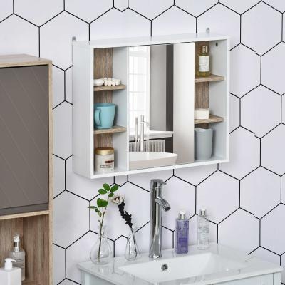 HOMCOM Spiegelschrank Badschrank Hängeschrank Badmöbel Wandschrank Mehrzweckschrank, Spanplatte+MDF, Weiß + Natur 60 x 14,5 x 49,4 cm