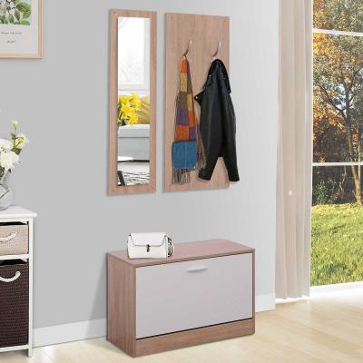 HOMCOM 3-teiliges Garderoben-Set Flurgaderobe mit Schuhschrank Garderobe Wandspiegel 4 Haken Natur 30 x 100 cm (Spiegel)