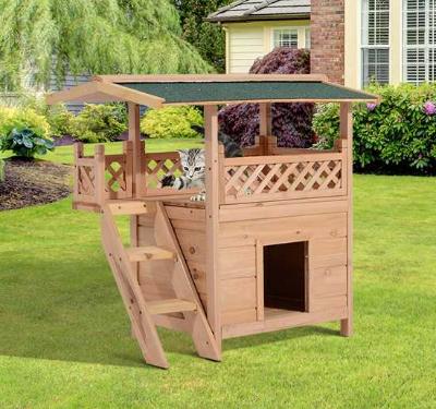 PawHut® Katzenhaus 2-stöckig Katzenhütte Katzenvilla Asphaltdach Balkon Massivholz Natur
