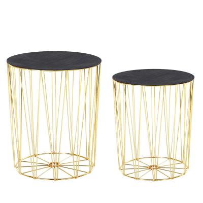 HOMCOM® Beistelltisch 2er Set Nachttisch Stauraum Metall Korb mit Holzdeckel Gold