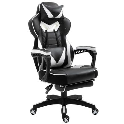 Vinsetto PU Leather Retractable Footrest Gaming Chair w/ Pillows White/Black
