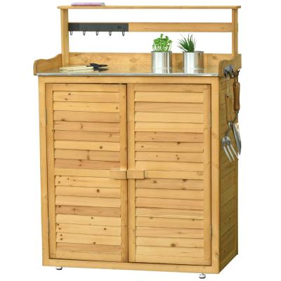 Outsunny Szafka ogrodowa Szafka narzędziowa z blatem roboczym 3 przegródki Stół ogrodowy z szafką dolną 2 drzwi z litego drewna, brązowa, 87 x 45 x 120 cm