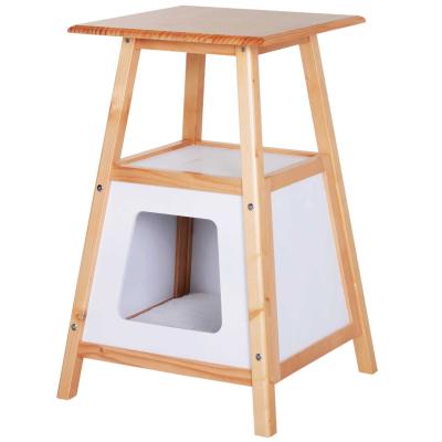 PawHut® DOMEK DLA KOTA DRZEWKO STOLIK 2 W 1 Drewno sosnowe naturalny+biały 45 x 45 x 70 cm