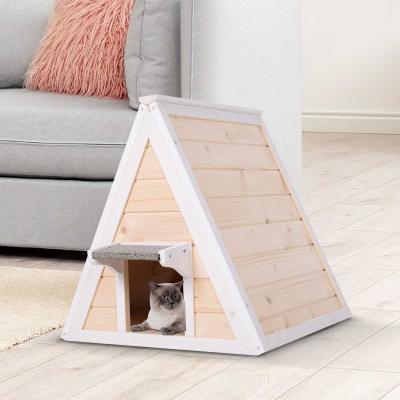 PawHut® Domek Dla Kota Trójkątny Z Drewna Otwór 2 Drzwi Lite Drewno Naturalny 53 x 53 x 53,5 cm