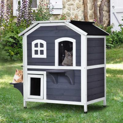 PawHut® Domek Dla Kota Ogrodowy Na Zewnątrz Budka Willa 2-Poziomowa Dach Asfaltowy Lite Drewno Szary