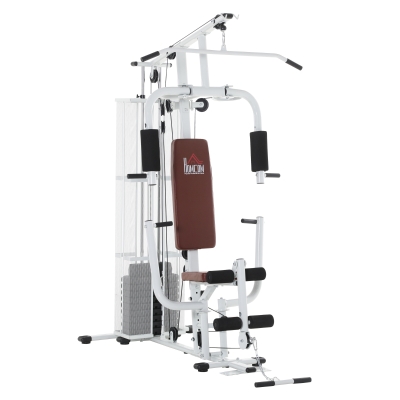 HOMCOM Atlas Stacja do ćwiczeń Stacja fitness Multigym Centrum fitness Urządzenie fitness z ciężarkami Wyciąg kulturystyczny Urządzenie do treningu nóg metal sztuczna skóra PU biały 150 x 110 x 210 cm