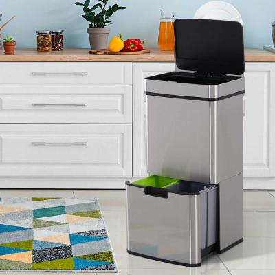 HOMCOM® KOSZ NA ŚMIECI ODPADY Z CZUJNIKIEM 72 L SYSTEM SORTOWANIA ŚMIECI 3-POJEMNIKI stal szlachetna srebrny 42 X 30 X 81 cm