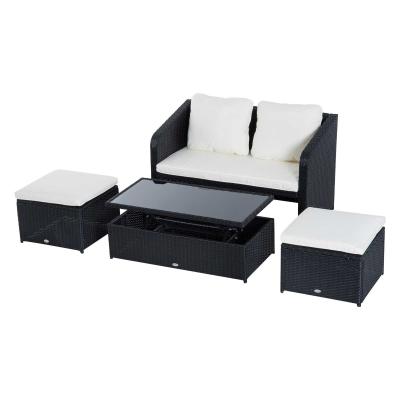 Outsunny® 4-ELEMENTOWY ZESTAW MEBLI OGRODOWYCH Z PODUSZKAMI polirattan czarny 1 x SOFA DWUOSOBOWA 1 X STOLIK 2 x STOŁEK