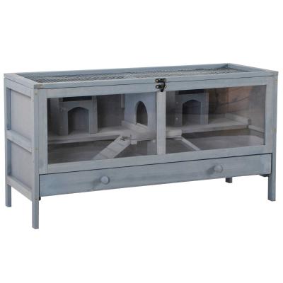 PawHut hamsterkooi houten knaagdierkooi muizenkooi met opstapplank knaagdiervilla scharnierend bovenaan massief hout PS grijs 92 x 34 x 48 cm