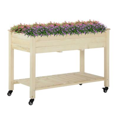 Outsunny Verhoogd bed met wielen plantentafel bloembak met afvoer massief houten vliesstof