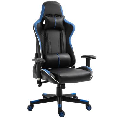 Vinsetto Gaming Stuhl mit Liegefunktion Bürostuhl Schreibtischstuhl mit Kopfstütze und Lendenkissen Griff verstellbar PVC Leder Blau+Schwarz 70 x 60 x 128-138 cm