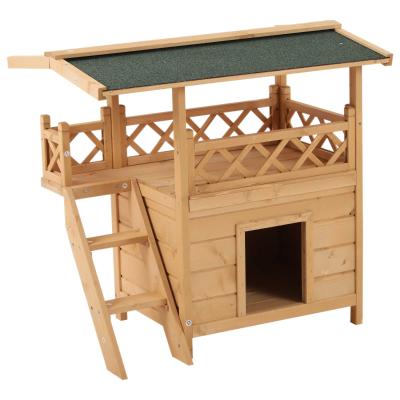 PawHut kattenhuis 2 verdiepingen kattenhut kattenvilla asfaltdak balkon massief hout naturel