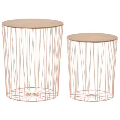 HOMCOM Beistelltisch 2er Set Nachttisch Stauraum Metall Korb mit Holzdeckel Natur