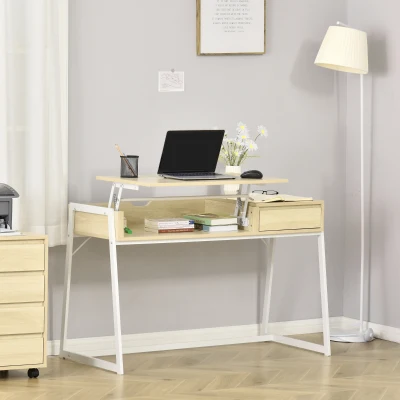 HOMCOM Modern Computer Desk with Lift Top for Home Office, Writing Desk with Drawer and Open Compartment, Natural