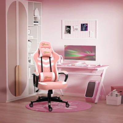 Vinsetto Pink Gaming Chair, Ergonomic with Lumbar Support, Headrest, Swivel Wheel, PVC Leather Gamer Desk Chair for Home Office