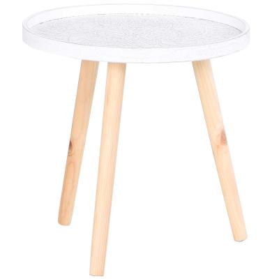 HOMCOM Pine Wood Floral Etched Side Table w/ Saucer Top White