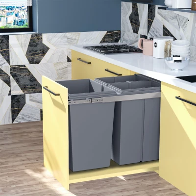 HOMCOM Kitchen Recycle Waste Bin Pull Out Soft Close Dustbin Recycling Cabinet Trash Can Grey (40L (1x20L+2x10L))