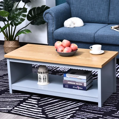HOMCOM Coffee Table, 2-tier Centre Table with Storage Shelf and Wood Grain Tabletop, Rustic Living Room Table, Grey