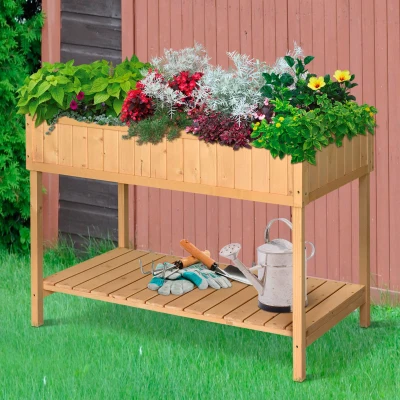 Outsunny Fir Wood Rectangular Raised Bed 76Hx110Lx46W cm 8 Compartment Planter Boxt with Bottom Shelf Oak Tone
