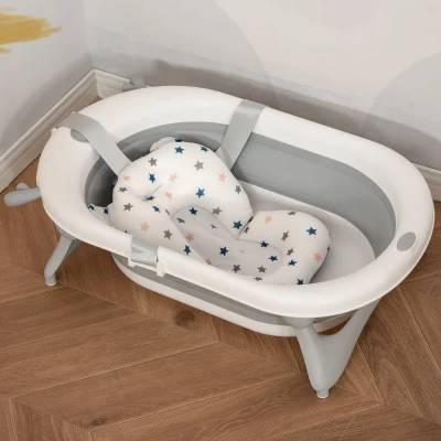 HOMCOM Foldable Baby Bathtub Set, Collapsible Bath Tub with Thermostatic Water Plug, Non-Slip Support, Cushion Pad, Drain Plugs, for Newborn to 3 Years - Offwhite