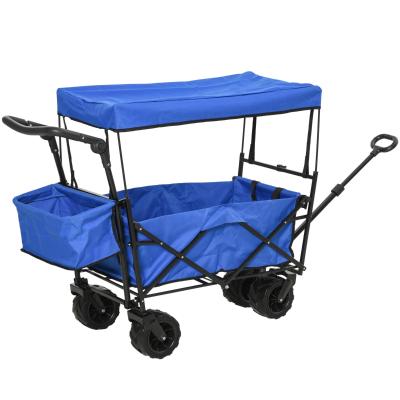 DURHAND Carro Transporte Plegable de Playa Jardín Champing Viaje con Toldo y Manillar Cuatro Ruedas Regulable en Altura de 110x56x101cm Azul