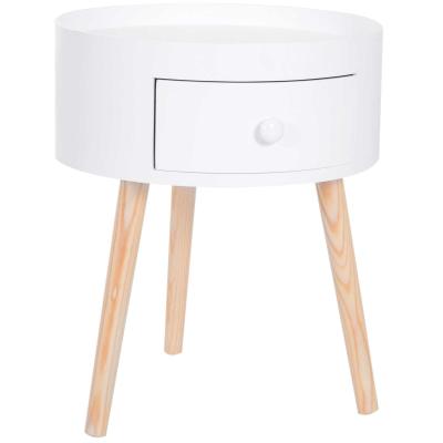 HOMCOM Mesa Auxiliar Redonda con 1 Cajón Mesita de Noche con Borde Elevado y 3 Patas de Madera para Dormitorio Sala de Estar Estilo de Moderno Ø38x45 cm Blanco