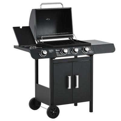 Outsunny Barbacoa de Gas BBQ con Ruedas Parrilla Gas con 3+1 Quemadores 2 Mesas Laterales y Termómetro Acero 110x50x100 cm Negro