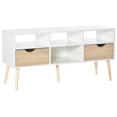 HOMCOM Mueble de TV Mesa de Salón Comedor Moderna con 2 Cajones y 4 Compartimentos Patas de Madera Dispositivo Anti-vuelco 117x39x57 cm Blanco y Madera Natural