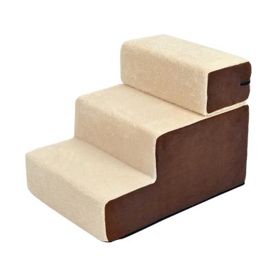 PawHut Escalera para Mascotas Perros Gatos de 3 Peldaños Desmontable y Funda Extraíble Portátil Carga 15 kg 54x40x39 cm Marrón y Beige