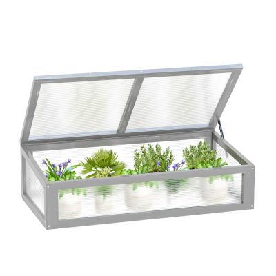 Outsunny Invernadero de Madera Natural y Policarbonato 90x46x28 cm con Tapa Inclinada Caseta de Plantas para Jardín Huerto Terraza Protección del Clima Gris