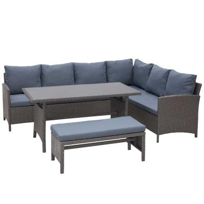 Outsunny Conjunto de Salón de Ratán para Jardín o Terraza Gran Sofá Esquinero Mesa Grande de 140x70x65 cm y Banco de Exterior en Tono Gris