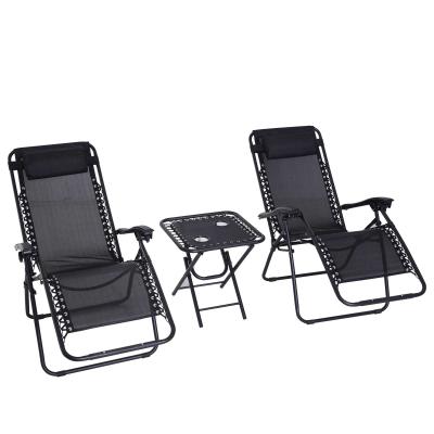 Outsunny Set de 2 Sillas de Gravedad Cero Plegables 90x65x110 cm y Mesa Auxiliar 50x50x50 cm con 2 Portavasos Sillas Reclinables con Reposacabezas para Jardín Terraza Negro