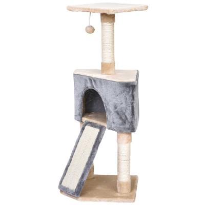 PawHut Rascador Gato Rascador de Gatos Barato con Cueva Juguete Colgante Rampa Rascador y Posters Rascadores Cuerda de Sisal 40x40x98 cm Gris y Beige