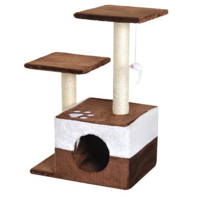 PawHut Árbol Rascador para Gatos Altura 70 cm con Cueva de Felpa Suave 2 Plataformas Postes Rascadores de Sisal Natural y Ratón de Juguete 45x33x70 cm Marrón Café