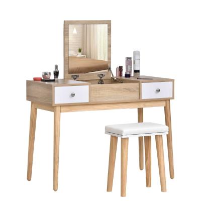 HOMCOM Tocador con Espejo Abatible Mesa de Maquillaje con Taburete Acolchado Cojín Suave Compartimentos y Cajones 100x45x118 cm Color Natural