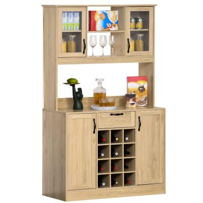 HOMCOM Alacena de Cocina Aparador Comedor para Microondas con Botellero Cajón 2 Estantes Abiertos y 4 Armarios con Puerta 106x48x180 cm Roble