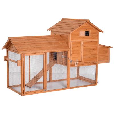 PawHut Gallinero Exterior Madera Jaula para Gallinas Animales Pequeños con Corredor Techo Abatible Caja Nido Bandeja Rampa 2 Ruedas y 2 Perchas 213x91x122cm