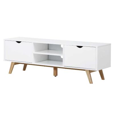 HOMCOM Armario para TV Soporte de Televisor Espacioso con 2 Armarios Estantes Abiertos Manija Oculta Patas de Madera 150x39x50 cm Blanco