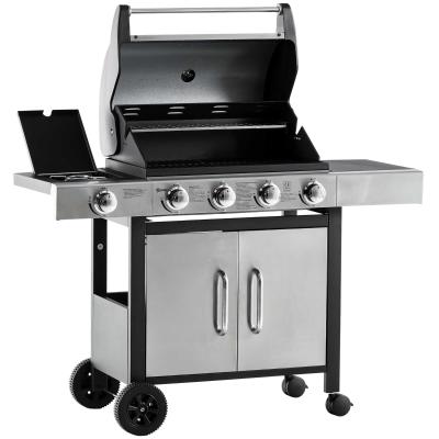 Outsunny Barbacoa de Gas con Ruedas Parrilla con 4+1 Quemadores 3 KW y Mesa Lateral Armario de Almacenaje Acero Inoxidable BBQ 128x50x113 cm Negro Plateado