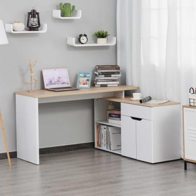 HOMCOM Mesa Escritorio Giratoria Mesa de Ordenador Esquinera Forma de L con Cajón Estantes Abiertos Armario 140x117x76 cm Blanco y Madera